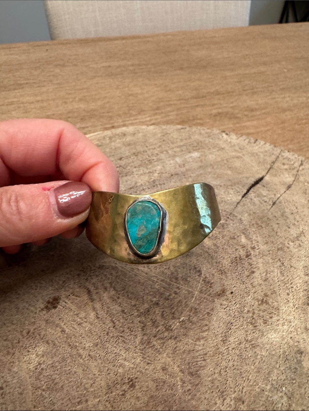 Handcrafted Turquoise Stone Brass Cuff Bracelet - Women Jewelry